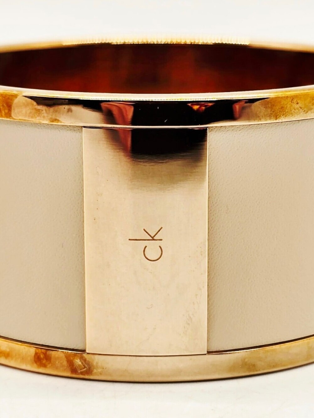 Calvin Klein Spellbound Gold-Tone & Cream Leather Wide Cuff Bangle Bracelet NIB